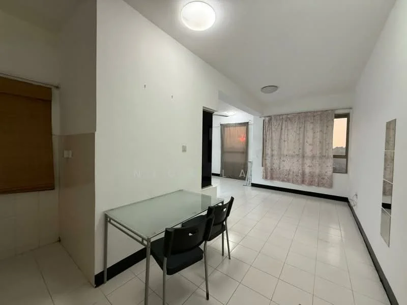 Room features: white painted walls, tile flooring, large window with sheer curtains, ceiling light fixture, glass dining table, 4 black dining chairs, curtains with floral pattern, wall-mounted mirror, corner with window treatment; style: minimalist; view: city.