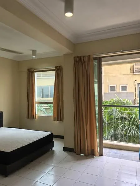 Bedroom features: queen-size bed, floor-to-ceiling windows, curtains in beige, tile flooring, white painted walls, ceiling lights, balcony access, view of greenery; style: modern; view: garden.