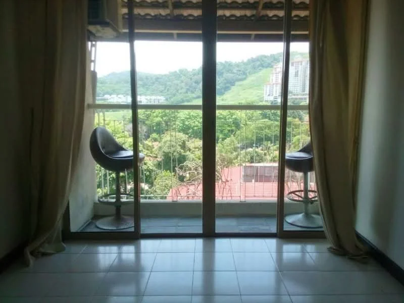 Room features: floor-to-ceiling sliding glass door, white walls, tiled flooring, curtains, two bar stools, view of greenery and hills; view: garden.