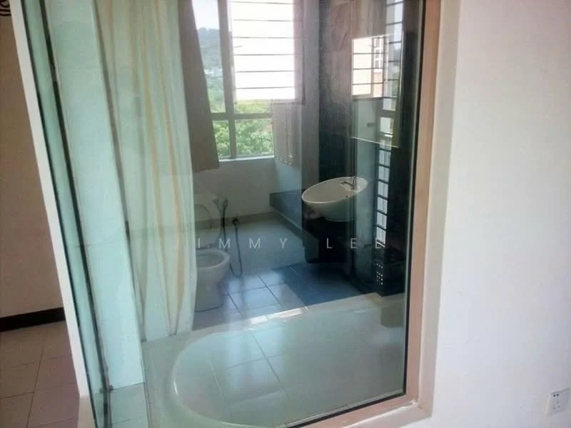 Bathroom features: bathtub, separate shower area, toilet, window with view, white tiled flooring, grey tiled walls, curtain for privacy, glass shower enclosure; style: modern; view: garden.