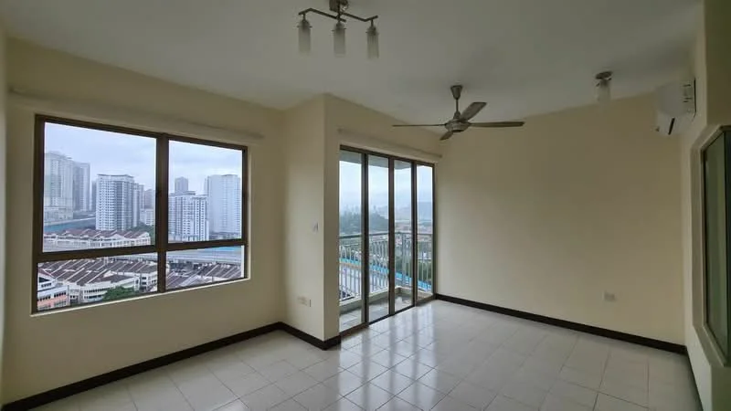 Living features: floor-to-ceiling windows, sliding glass door, 5-blade ceiling fan with light, white painted walls, tile flooring, air conditioning unit, city view, neutral color scheme; style: modern; view: city.