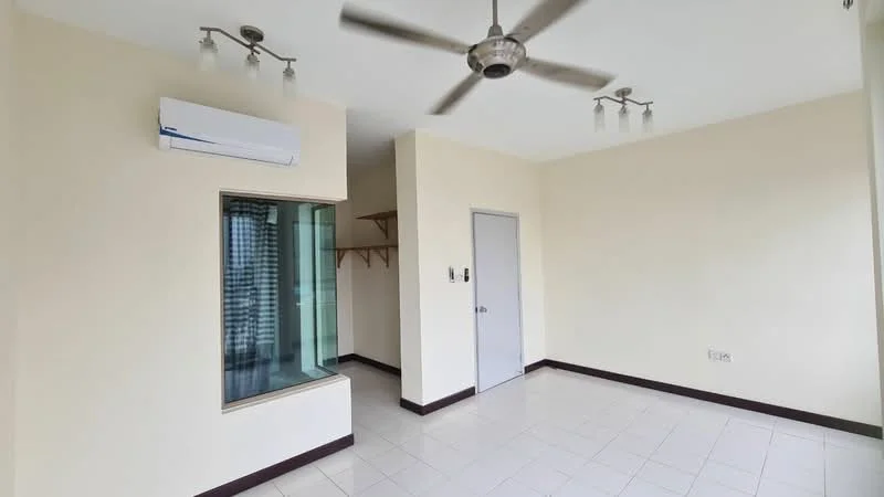 Room features: cream painted walls, white tiled flooring, ceiling fan, 1 wall-mounted split AC, window with sheer curtains, built-in shelving, door with handle, light fixtures with multiple bulbs; style: modern.