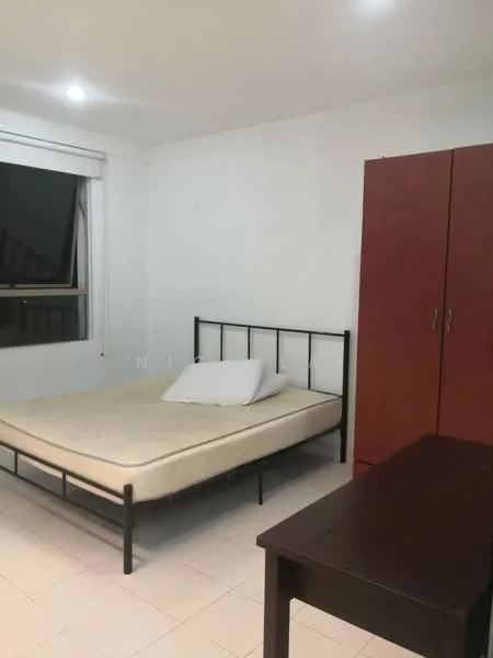 Bedroom features: black metal bed frame, mattress without bedding, white pillow, brown wooden wardrobe, brown wooden desk, white painted walls, tile flooring, window with sheer curtains; style: minimalist.