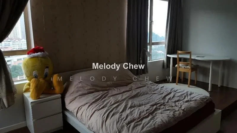 Bedroom features: queen-size bed with beige bedding, wooden bed frame, light brown wooden flooring, floor-to-ceiling window, curtains in grey, decorative wall with floral pattern, white bedside table, stuffed cartoon character, study desk with chair, wall-mounted light fixture; style: modern; view: city.