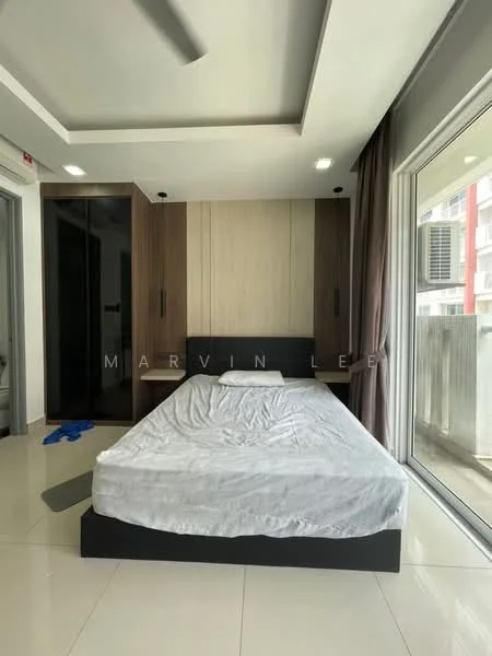 Bedroom features: queen-size bed with white bedding, wooden headboard, built-in wardrobe with sliding doors, cream painted walls, tray ceiling, floor-to-ceiling windows, grey curtains, white tiled flooring, 1 wall-mounted split AC; style: modern.