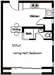 Floor plan: 1-bedroom 1-bathroom unit; features: open-plan living and dining area, separate bedroom, bathroom adjacent to bedroom, kitchen area, utility space.