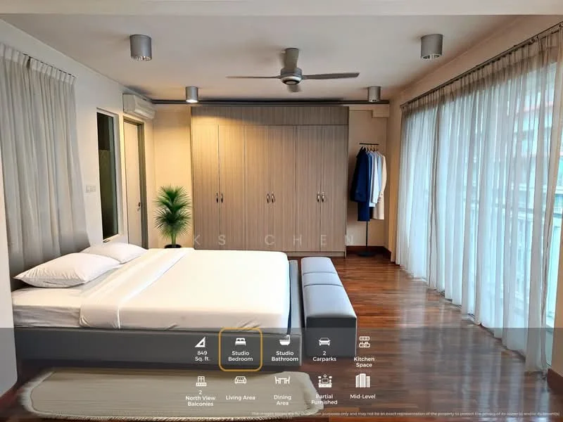 Bedroom features: queen-size bed with white bedding, wooden flooring, built-in wardrobe with sliding doors, floor-to-ceiling windows with sheer curtains, ceiling fan, decorative plant in ceramic pot, wall-mounted mirror, study desk, upholstered bench at foot of bed; style: modern; view: city.