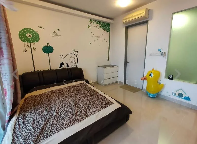 Bedroom features: leopard print bedding, black leather bed frame, white bedside cabinet, decorative wall mural with trees and animals, floor-to-ceiling window with sheer curtains, polished tile flooring, air conditioning unit, large yellow rubber duck decoration; style: modern.
