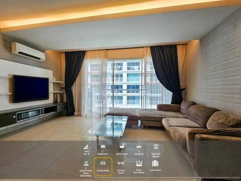 Living features: floor-to-ceiling windows, grey fabric sectional sofa, glass coffee table, wall-mounted TV, TV console with storage, recessed downlights, air conditioning unit, decorative wall paneling, curtains, tile flooring; style: modern.