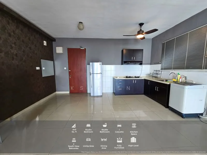 Kitchen features: grey painted walls, white tiled backsplash, dark wood cabinetry, stainless-steel fridge, freestanding gas stove, stainless-steel sink, chrome pull-down faucet, countertop with space for appliances, ceiling fan, tile flooring, window with blinds; style: modern. Dining features: open layout, space for dining table, tile flooring; style: modern.