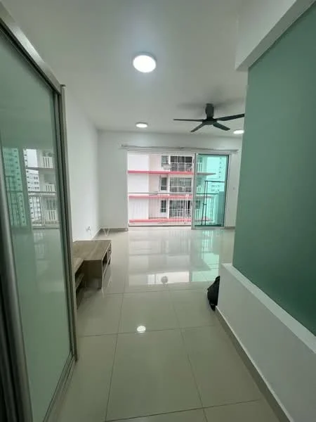 Room features: white painted walls, glossy tile flooring, ceiling fan, sliding glass door, floor-to-ceiling windows, natural light, open layout, green accent wall, built-in shelving unit, balcony access; style: modern; view: city.