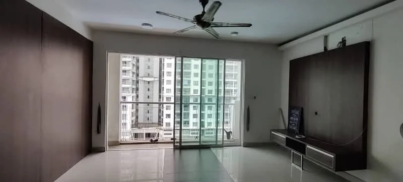 Living features: white painted walls, glossy tile flooring, 5-blade ceiling fan, floor-to-ceiling sliding glass door, built-in wall cabinets, TV console, natural light from balcony, balcony with glass railing; style: modern; view: city.