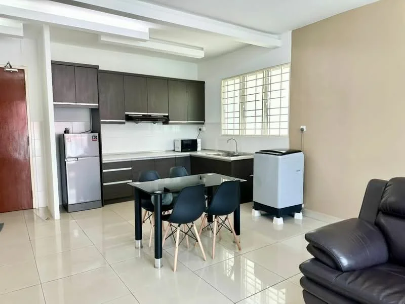 Kitchen features: dark wood cabinetry, white countertop, stainless-steel fridge, built-in microwave, stainless-steel sink, chrome pull-down faucet, ceramic tile flooring, dining table with black chairs, window with grid pattern, white walls, recessed ceiling lights; style: modern.