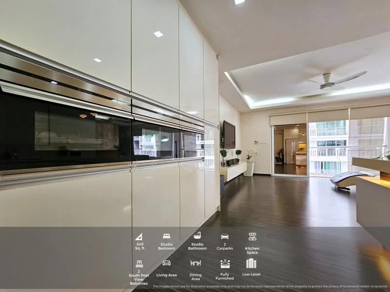 Living features: white glossy cabinetry, black built-in oven, black microwave, grey countertop, recessed downlights, 5-blade ceiling fan, wall-mounted TV, sliding glass door, floor-to-ceiling windows, dark wood flooring, open layout, decorative wall art, neutral wall color; style: modern; view: city.
