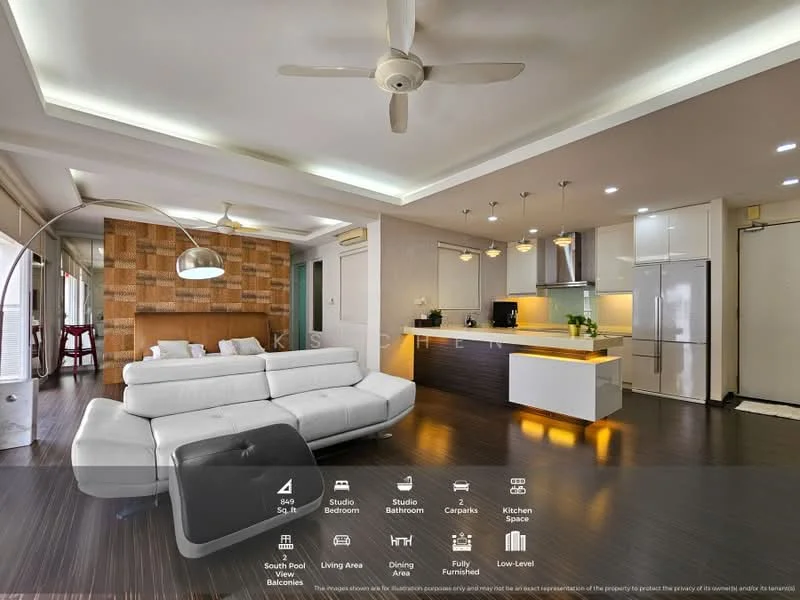 Living features: 3-seater white leather sofa, floor lamp with arc design, wood accent wall with stone texture, dark wood flooring, recessed ceiling lights, ceiling fan with light, wall-mounted TV, coffee table, decorative wall art, open-plan layout to kitchen, large windows with sheer curtains; style: modern. Kitchen features: white cabinetry, stainless-steel appliances, built-in oven, refrigerator, countertop with under-cabinet lighting, kitchen island with seating, ceramic tile backsplash, single-bowl stainless-steel sink, chrome pull-down faucet; style: modern.