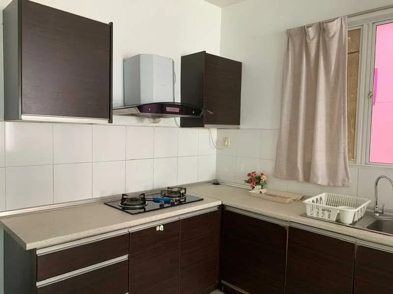 Kitchen features: brown cabinetry, light-colored countertop, double-burner gas hob, stainless-steel range hood, white tiled backsplash, single-bowl stainless-steel sink, window with curtain, decorative flower arrangement; style: modern.