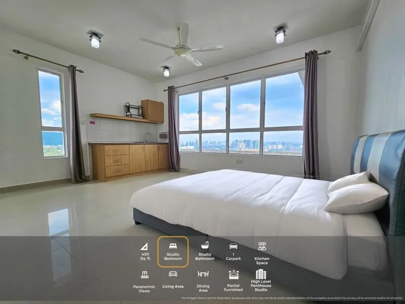 Bedroom features: king-size bed with white bedding, floor-to-ceiling windows, city skyline view, white painted walls, light grey tiled flooring, ceiling fan with light, wooden cabinetry, kitchenette with sink, recessed lighting, curtains in grey, open layout, decorative wall art; style: modern; view: city.