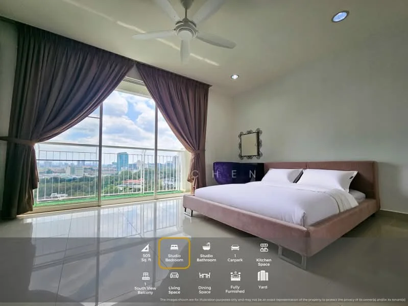 Bedroom features: king-size bed with upholstered headboard, floor-to-ceiling windows, curtains, ceiling fan, marble tile flooring, decorative mirror, wall-mounted artwork, city skyline view; style: modern; view: city.