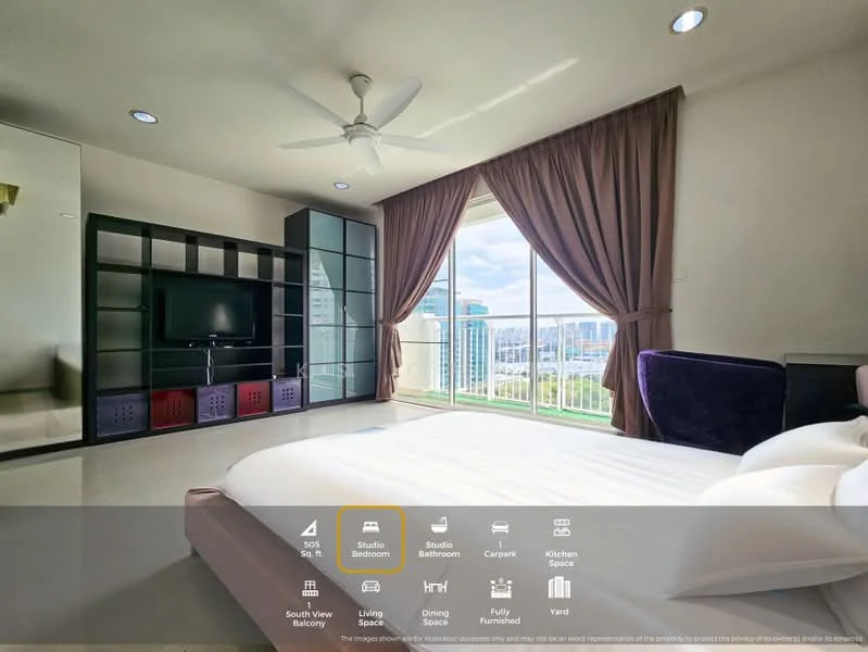 Bedroom features: queen-size bed with white bedding, upholstered headboard, 2 bedside lamps, wall-mounted TV, black storage cabinet, floor-to-ceiling windows, curtains, ceiling fan, light-colored tiled flooring, decorative wall mirror, open view of the city skyline; style: modern; view: city.