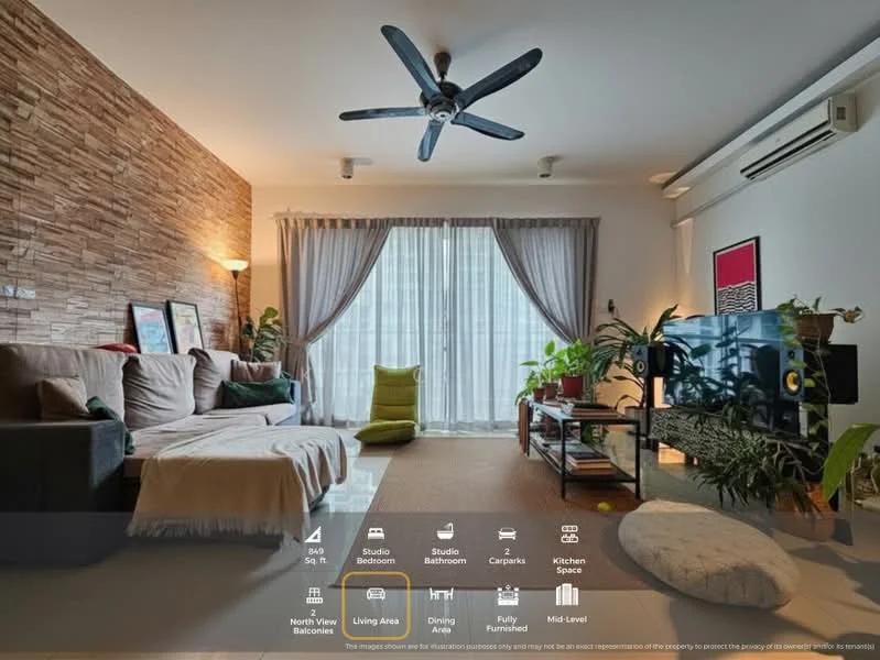 Living features: 3-seater fabric sofa in grey, green accent chair, coffee table, area rug, wood panel accent wall, floor-to-ceiling windows with sheer curtains, recessed downlights, 5-blade ceiling fan, decorative plants, wall-mounted artwork; style: modern.