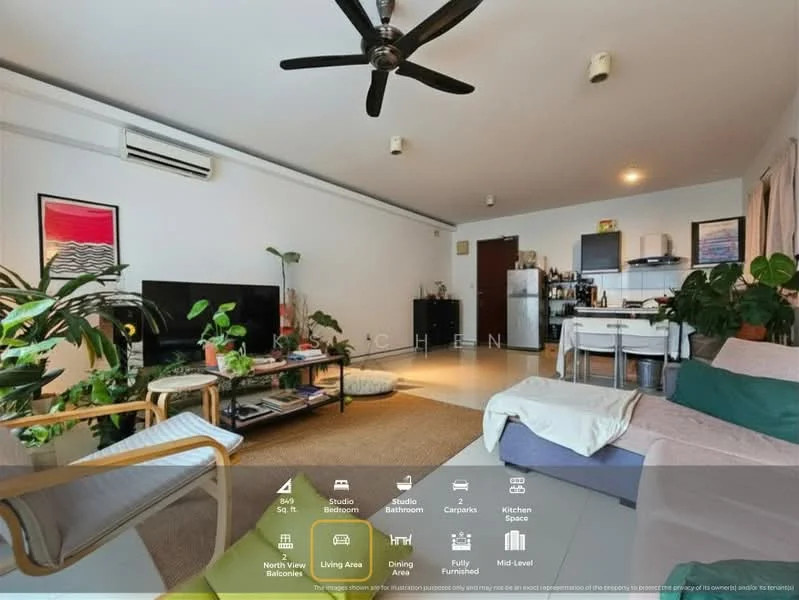 Living features: 5-blade ceiling fan with light, wall-mounted TV, sofa with cushions, coffee table, area rug, open shelving unit, decorative plants, large windows with sheer curtains, air conditioning unit, light-colored walls, tile flooring; style: modern. Dining features: dining table with chairs, open kitchen layout, kitchen island, stainless-steel fridge, built-in oven, microwave, kitchen cabinets; style: modern.