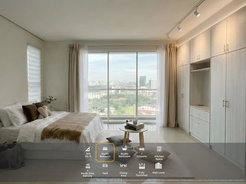 Bedroom features: king-size bed with upholstered headboard, white bedding with decorative throw pillows, nightstand with decorative items, floor-to-ceiling windows, sheer curtains, built-in wardrobe with sliding doors, light-colored wood cabinetry, recessed downlights, area rug with neutral tones, coffee table, view of city skyline; style: modern; view: city.