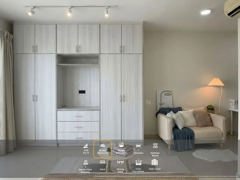 Bedroom features: light grey painted walls, white ceiling, tile flooring, built-in wardrobe with light wood finish, single bed with white bedding, armchair in cream fabric, decorative throw pillows, floor lamp, air conditioning unit, window with sheer curtains, recessed lighting, wall-mounted mirror; style: modern.