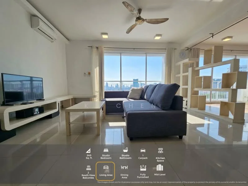 Living features: 3-seater fabric sofa in navy blue, coffee table, TV console, wall-mounted TV, floor-to-ceiling windows, white painted walls, light-colored tiled flooring, ceiling fan with light, decorative shelving unit, air conditioning unit; style: modern; view: city. Kitchen features: open kitchen layout, white cabinetry, stainless-steel sink, countertop, kitchen island, built-in appliances; style: modern; view: city.