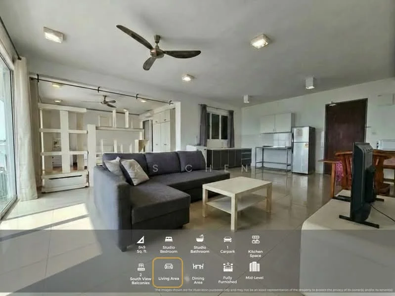 Living features: 3-seater fabric sofa in grey, coffee table, wall-mounted TV, entertainment unit, ceiling fan, floor-to-ceiling windows, white walls, tile flooring, open shelving unit, kitchen area visible, dining area visible; style: modern; view: city.