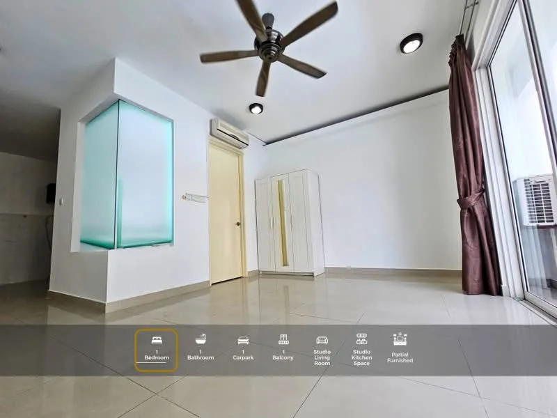 Room features: light grey tiled flooring, white painted walls, ceiling fan, large glass window, sliding glass door, curtains, built-in wardrobe, air conditioning unit, corner glass feature, neutral color scheme; style: modern.