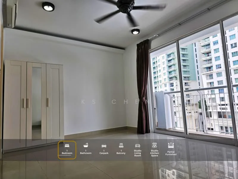 Bedroom features: floor-to-ceiling windows, sliding glass door, balcony access, white painted walls, light-colored tile flooring, 5-blade ceiling fan, built-in wardrobe, curtains, air conditioning unit; style: modern; view: city.