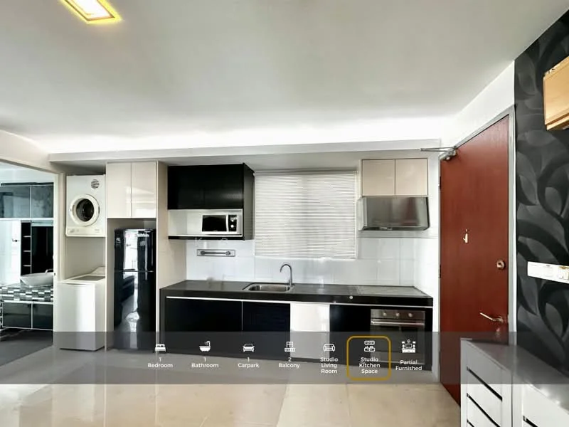 Kitchen features: black cabinetry, white countertop, stainless-steel sink, chrome pull-down faucet, built-in microwave, freestanding washing machine, built-in oven, ceramic tile flooring, recessed downlights, window with blinds, kitchen island, stainless-steel range hood, 4-burner gas hob; style: modern.