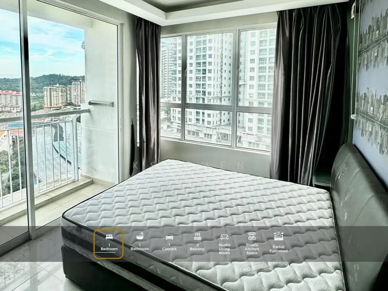 Bedroom features: queen-size bed, floor-to-ceiling windows, grey curtains, light-coloured walls, white ceiling, tile flooring, balcony access, decorative wall with artwork; style: modern; view: city.