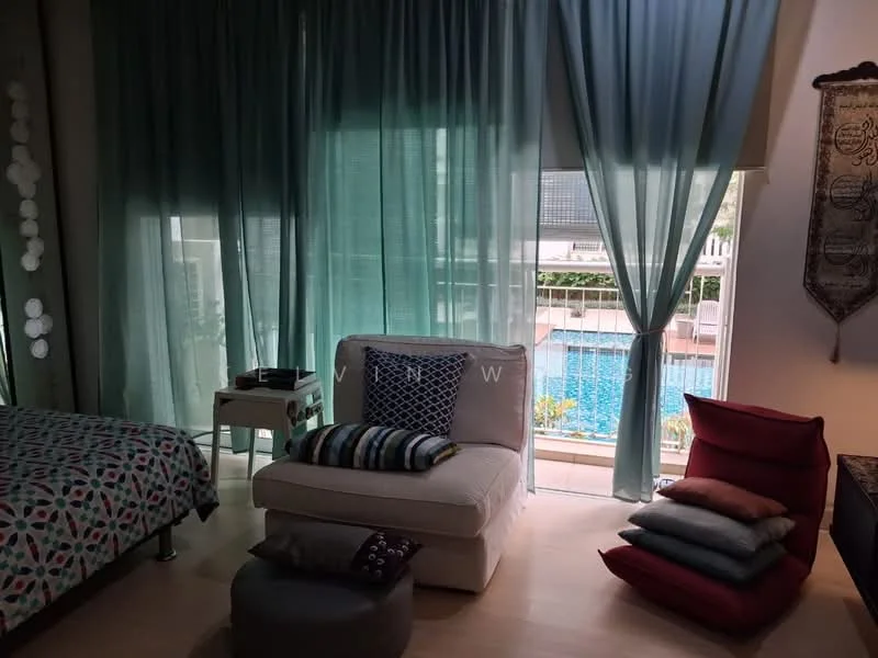 Room features: floor-to-ceiling windows, sheer turquoise curtains, light wood flooring, decorative throw pillows, upholstered armchair in white, round ottoman, bed with patterned bedding, view of swimming pool; style: modern; view: pool.
