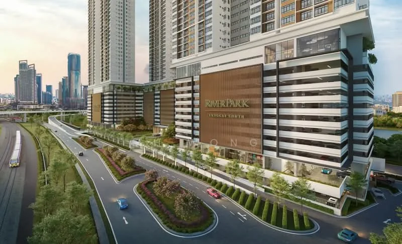 Exterior type: high-rise condominium; features: glass curtain wall, cream painted facade, recessed balconies, landscaped gardens, manicured lawn, driveway with interlocking pavers, surrounded by mature greenery, multi-storey car park, double-volume main lobby, feature water wall; style: modern.