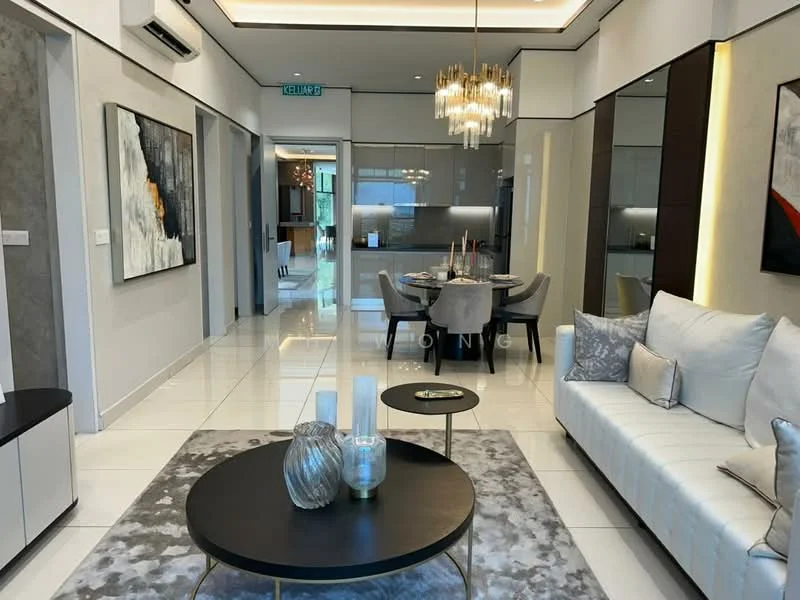 Living features: white leather sofa, round coffee table with black surface, area rug with grey pattern, chandelier with multiple bulbs, wall-mounted air conditioning unit, framed artwork with abstract design, recessed ceiling lights, large windows with natural light, grey accent wall, dining area visible in background; style: modern.