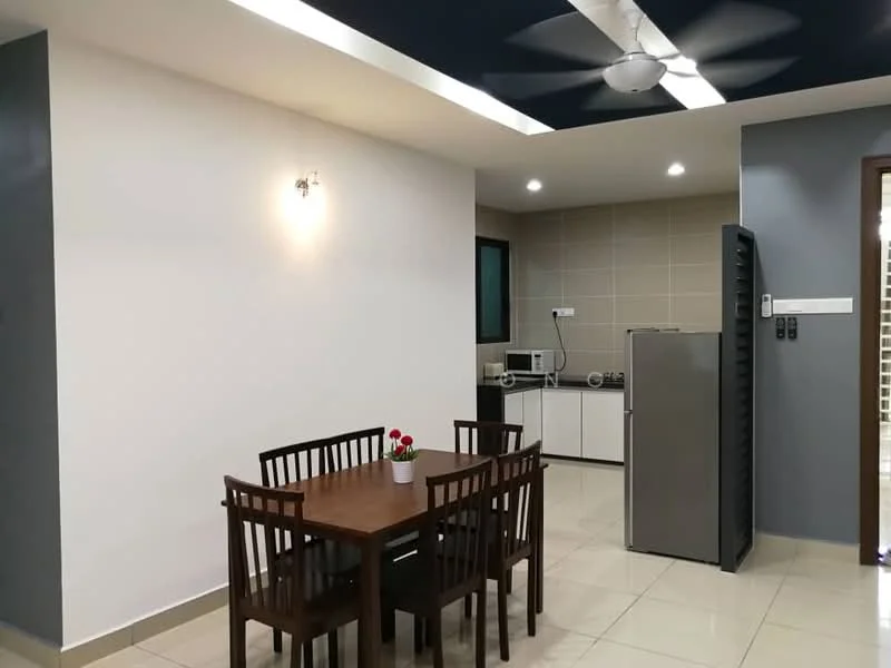 Dining features: 4-seater wooden dining table, dark wood dining chairs, white walls, grey accent wall, recessed ceiling lights, 5-blade ceiling fan, glossy tile flooring, window with natural light, decorative plant on table, microwave, stainless-steel fridge, kitchen cabinetry in white; style: modern.