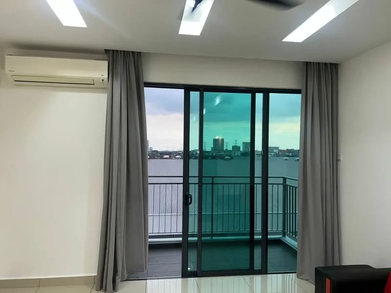 Room features: floor-to-ceiling sliding glass door, grey curtains, white painted walls, recessed LED downlights, 1 wall-mounted split AC, glossy tile flooring, balcony view of city skyline; style: modern; view: city.