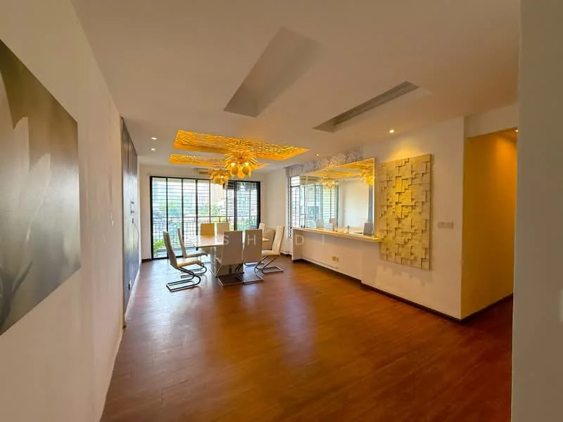 Dining features: wooden flooring, false ceiling with decorative lighting, large windows with grid pattern, dining table for six, upholstered dining chairs, decorative wall art, bar counter with stools, natural light from windows; style: modern; view: garden.
