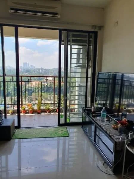 Living features: floor-to-ceiling windows, sliding glass door, green area rug, black TV console, wall-mounted TV, decorative plants on balcony, air conditioning unit, ceramic tile flooring; style: modern; view: city.