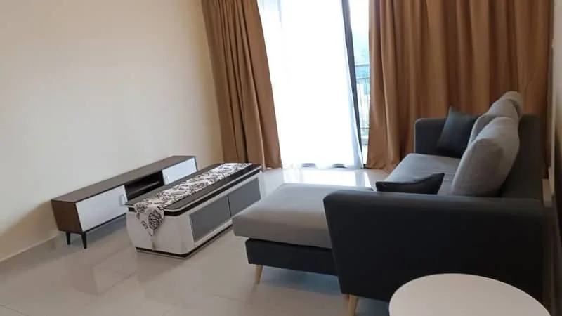 Living features: grey fabric sectional sofa, white coffee table, wooden TV console, large floor-to-ceiling window, sheer curtains, cream painted walls, light-colored tile flooring, decorative throw pillows, area rug; style: modern.