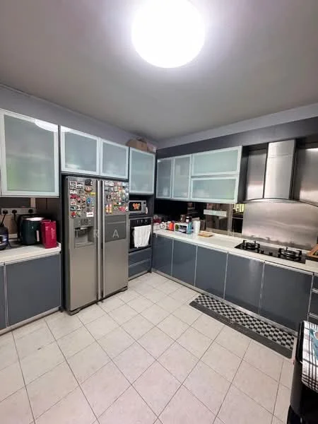 Kitchen features: grey cabinetry with glass-front upper cabinets, stainless-steel double-door fridge, built-in oven, 4-burner gas hob, stainless-steel range hood, white countertop, white tiled backsplash, ceramic tile flooring, recessed ceiling lights, kitchen mat, kitchen appliances including kettle and coffee machine; style: modern.