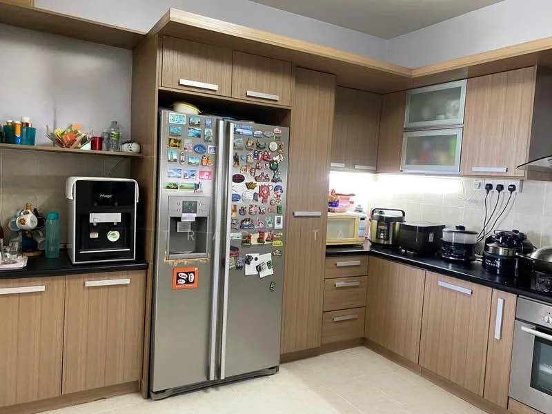Kitchen features: wood cabinetry, black countertop, stainless-steel fridge, built-in microwave, coffee machine, stainless-steel sink, chrome pull-down faucet, ceramic tile flooring, recessed downlights, wall-mounted cabinets with glass fronts, decorative magnets on fridge, kitchen appliances, open shelving; style: modern.