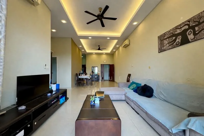 Living features: 5-blade ceiling fan with light, recessed LED downlights, cream painted walls, white ceiling with cove lighting, large sofa in light grey fabric, coffee table in dark wood, TV console in dark wood, flat-screen TV, decorative wall art, tile flooring in light color, open layout to dining area; style: modern.