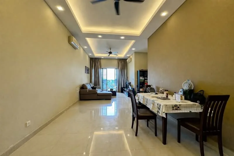 Living features: cream painted walls, recessed ceiling with LED lighting, 5-blade ceiling fan, floor-to-ceiling windows, sliding glass door, marble tile flooring, sofa in light brown fabric, coffee table, TV console, area rug, dining table with four wooden chairs, curtains, decorative wall art; style: modern; view: city.
