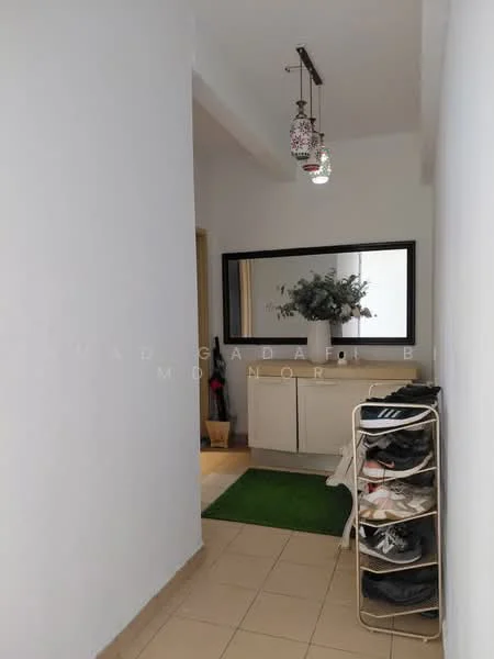 Room features: white painted walls, tile flooring, mirror with black frame, hanging pendant lights, shoe rack, green carpet, decorative plant, storage cabinet; style: modern.