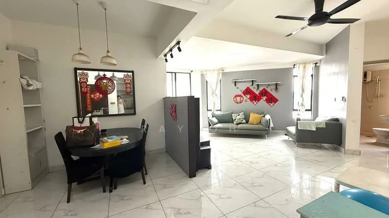 Living features: marble tile flooring, light grey walls, sofa in light grey, decorative wall art, floor-to-ceiling windows, ceiling fan, coffee table, area rug, TV console, wall-mounted TV; style: modern. Dining features: round dining table, 4 upholstered dining chairs, pendant lighting, open shelving unit; style: modern.