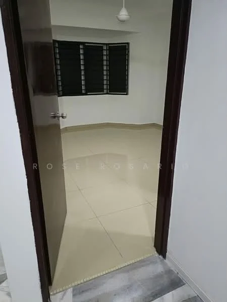 Room features: white painted walls, cream tiled flooring, black window grills, ceiling fan, large window, door frame, neutral color scheme; style: modern.