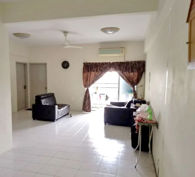 Living features: white painted walls, white tiled flooring, 5-blade ceiling fan, recessed downlights, large window with sheer curtains, black leather sofa, coffee table, wall-mounted clock, air conditioning unit, decorative curtain, open layout.