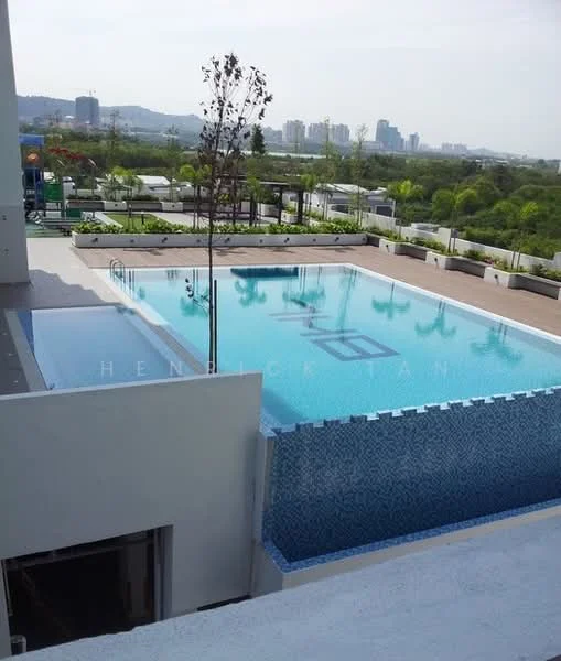 Exterior type: swimming pool deck; features: infinity pool, pool deck with loungers, landscaped area with trees, city skyline in background, tiled pool edge, surrounding greenery; style: modern.
